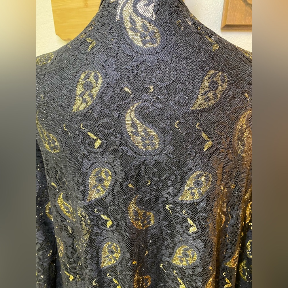 Grace + Emma Open Front Black Gold Lace Bell Sleeve Duster Kimono Whimsigoth S/M - Picture 11 of 12